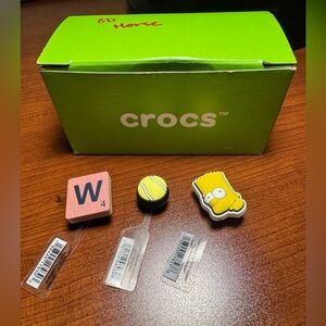 CROCS shoe charm set - Yellow Tennis Ball, Scrabble W & Bart Simpson